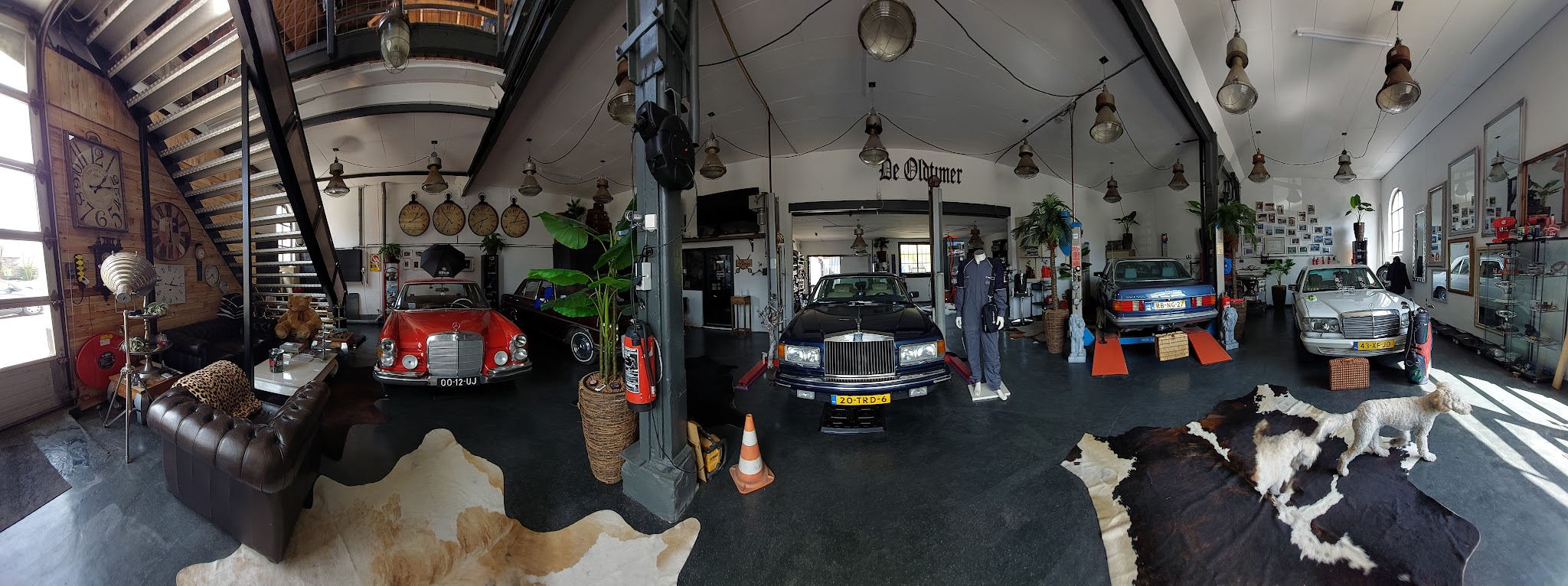 Panorama van de grote hal met klassieke auto's, leren banken en koeienhuiden